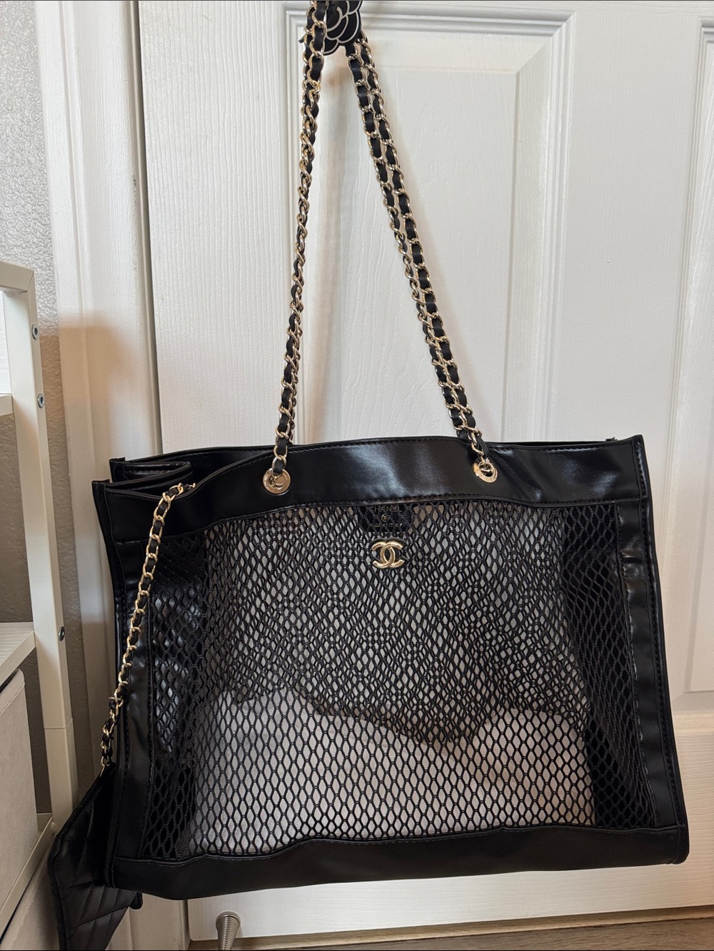 Black Mesh Chain-Handle Tote Bag CC